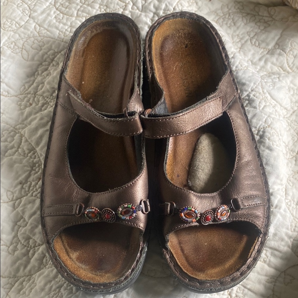 Naot Brown Leather Sandals with Beaded Accents